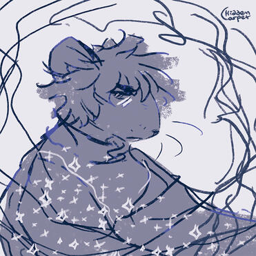 a grayish blue digital sketch of an anthro mouse in a sweater in stars. it has a ghostly vibe.