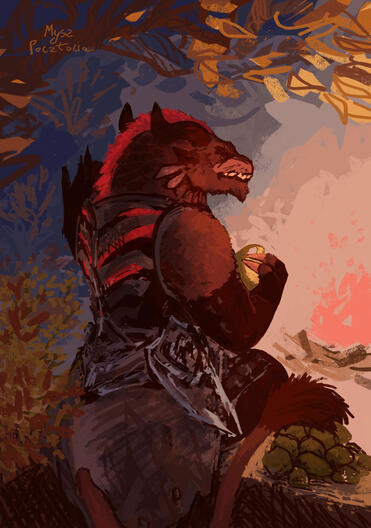 A digital artwork depicting Rytlock Brimstone from Guild Wars 2 peeling a potato by a warm campfire