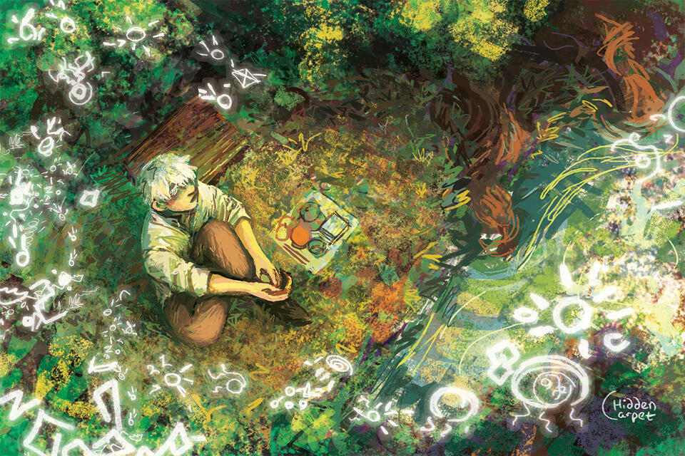 Mushishi fanart depicting Ginko from birds view, washing the dishes by the river.