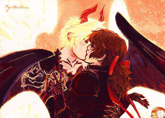 Rage of Bahamut fanart depicting fallen Lucifer and Knight kissing.